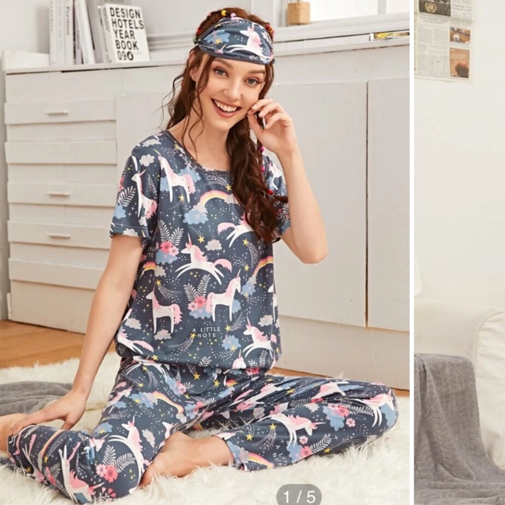 🆕 Gray 3pc pajama pj set unicorn rainbows top pants + eye mask